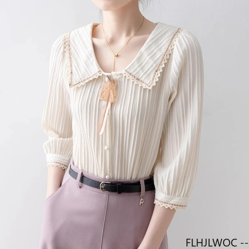Dentelle col claudine hauts chemisiers nouveau Design 2025 été femmes mignon doux filles solide nœud papillon haut rétro Vintage bouton chemises
