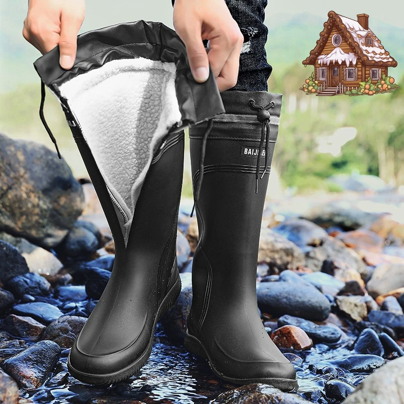 

winter Thickened Anti-slip Men's Rain Boots High Waterproof Reflective Work Fishing Shoes Warm Water Shoes Rubber Shoes for Men