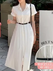 Chic Summer Shirt Dress Women's High Waist Single Button Short Sleeve Turn-down Collar Belted Korean Style Casual Commute