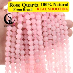 Zhe Ying 100% Brazil Rose Quartz Stone Beads Round Smooth Loose Beads for Jewelry Making Diy Bracelet Accessories Strand 15''