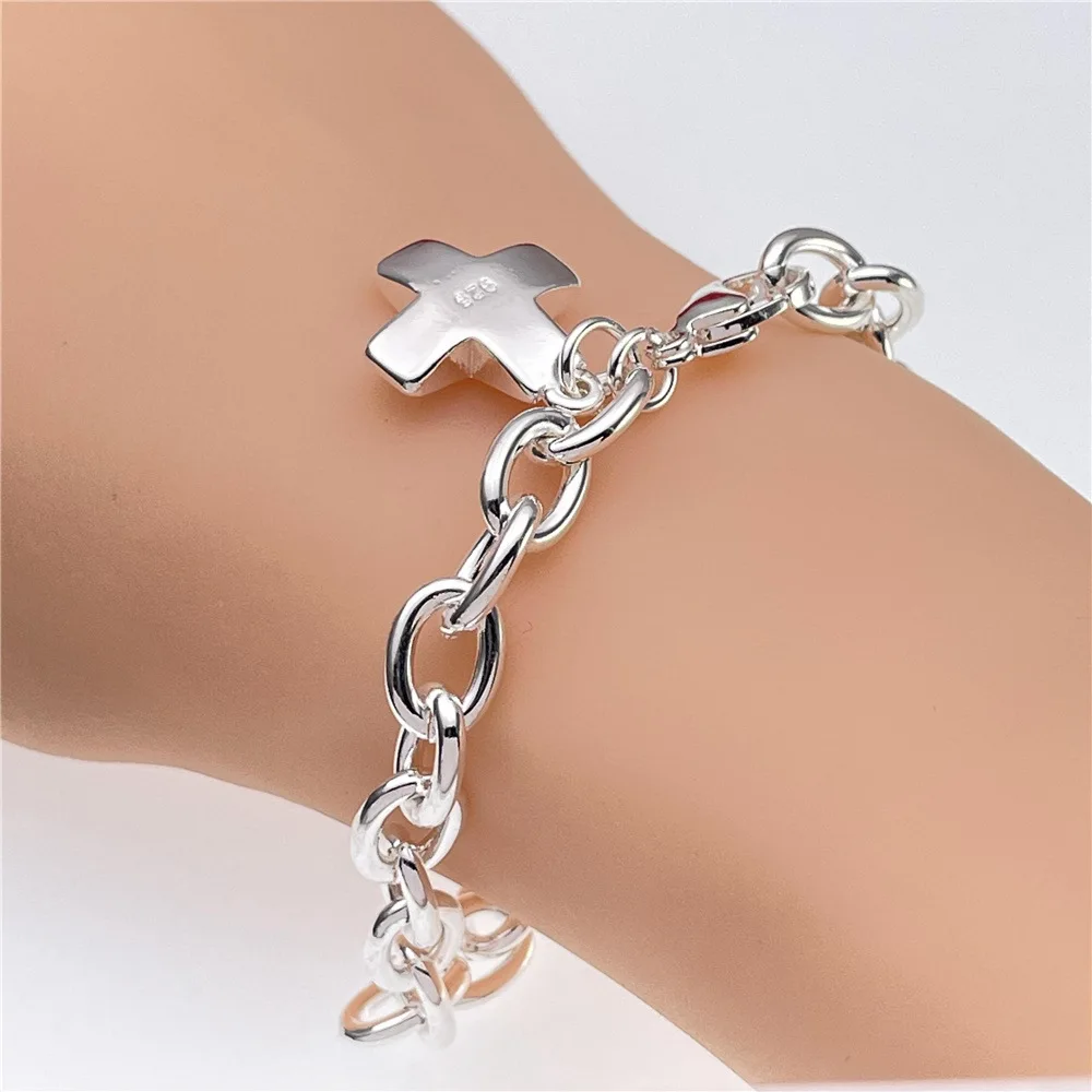 

925 sterling Silver unique cross Bracelets for Women fashion Costume Jewelry 20cm 8inch Wedding accessories Christmas Gifts
