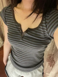 Vintage Slim Striped Button Tees Women Casual Round Neck Summer Short Sleeve Crop Top Chic Y2k Streetwear Classic Cotton T-shirt