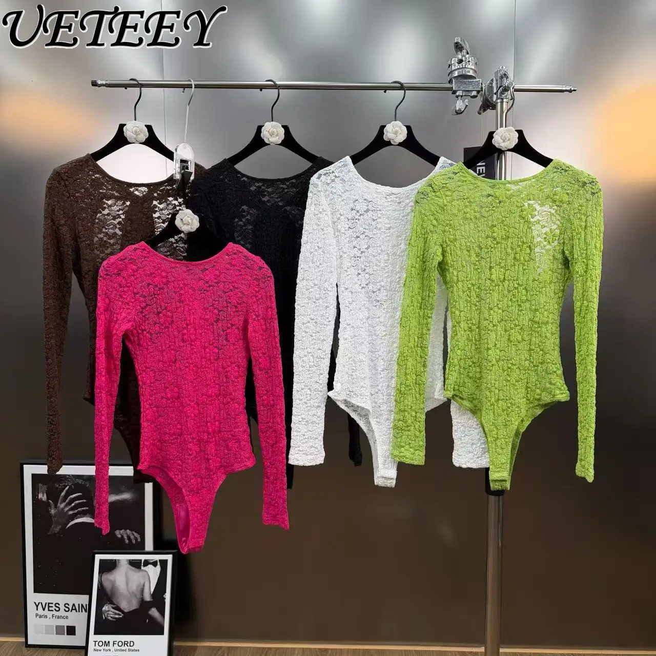 

2026 Spring New Elastic Lace Fabric Round Neck Long Sleeve Bodycon Elegant Fashion Backless Ribbon Bow Slim Fit Jumpsuit