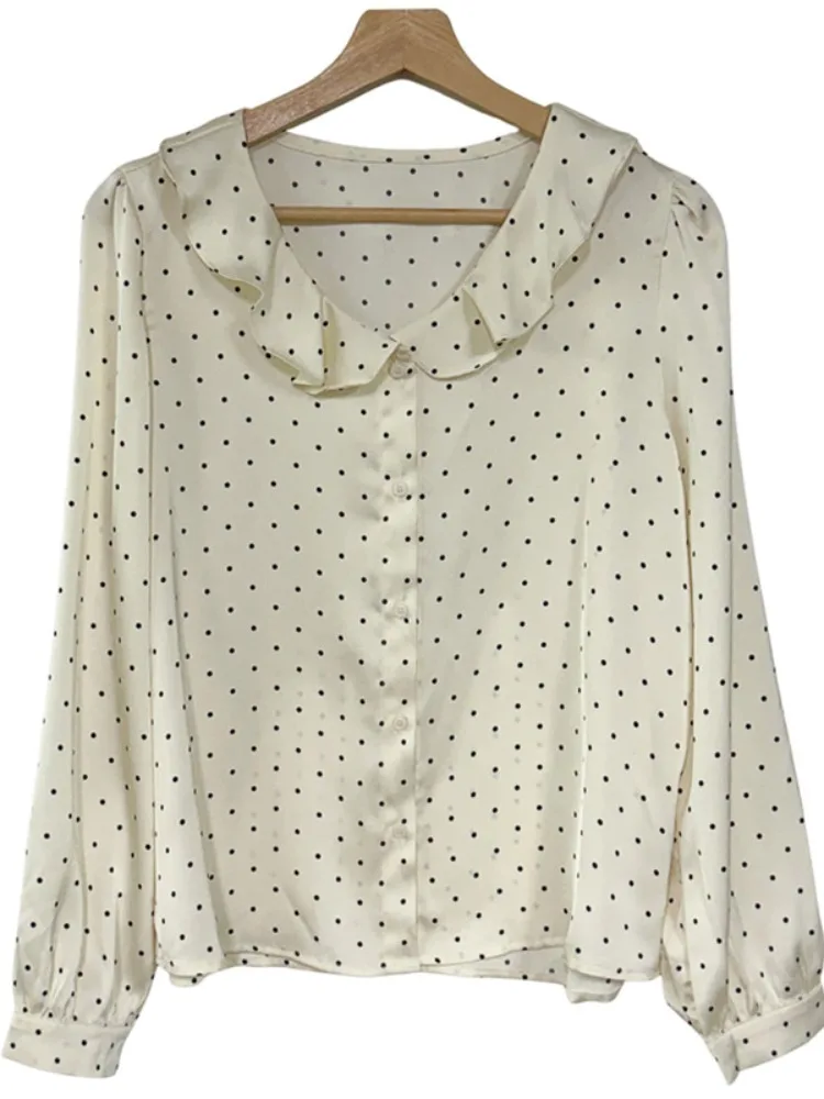 Chique polka dot satijnen ronde ne blouse voor dames basislaag irt Koreaanse Sle lente herfst winter vrijetijdskleding