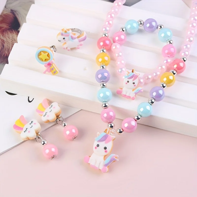 Baby Girl Unicorn Necklace Bracelet Set Dress up Princess Pretend Play Necklace Bracelet Jewelry Gift for Toddlers Kids