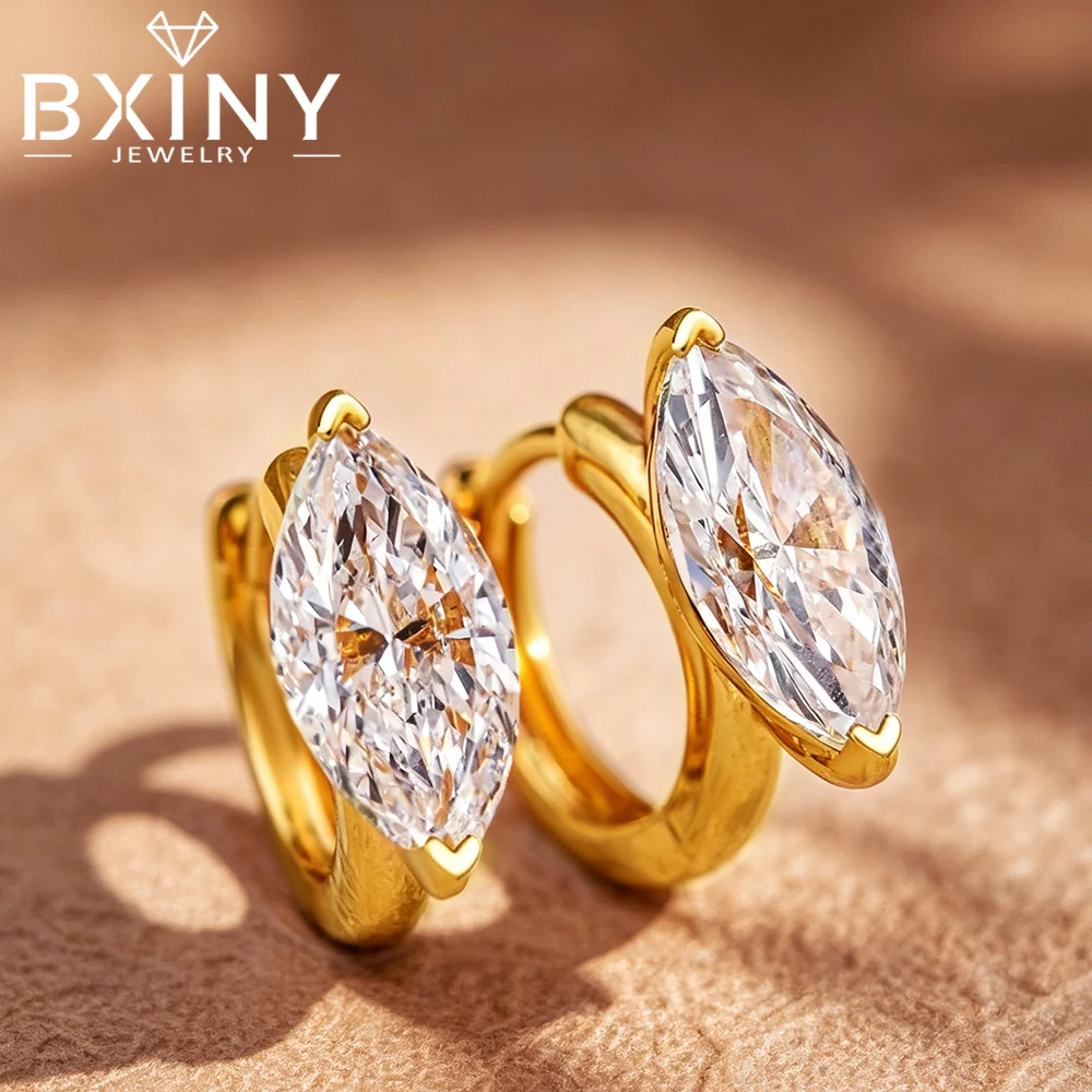 BXINY 0.5/1CT Marquise Cut Moissanite Hoop Earrings 925 Sterling Silver Diamond Huggie Ear Studs for Women Gift Fine Jewelry GRA