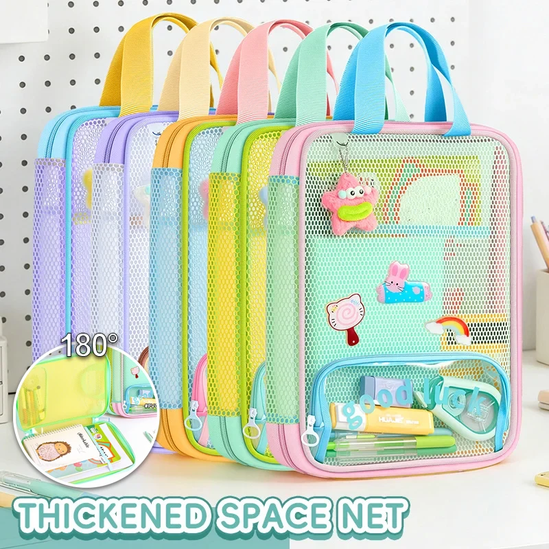 3-layer 180 ° Large Opening Tote Bag, Dopamine Color Blocked File Bag, and Complimentary Random Cartoon Stickers