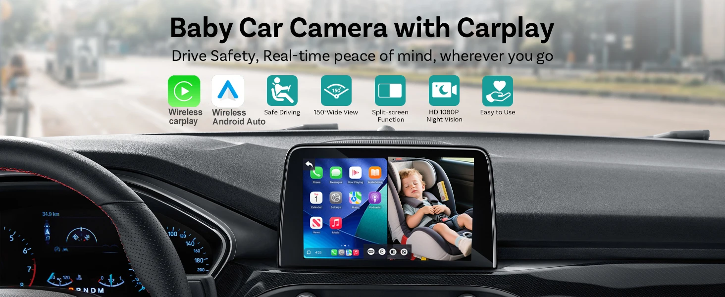 OTTOCAST Cabin Care Kabelloser CarPlay-Adapter 1080P HD Baby-Autokamera 150° ° Weitwinkel-Nachtsicht-Rücksitzmonitor mit geteiltem Bildschirm – Detail 1