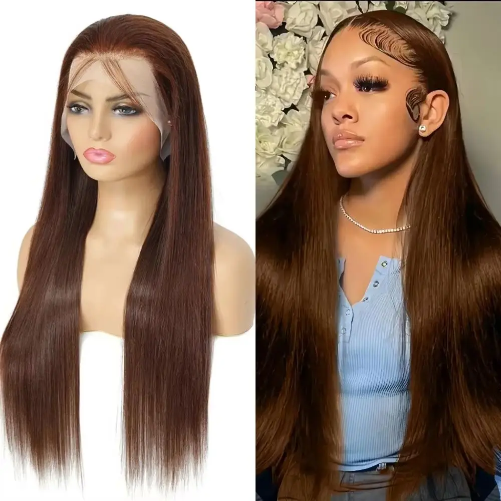 

Dark Brown #4 Bone Straight Chocolate Brown 40 Inches Long-length 200% High Density 13x6 13x4 HD Transparent Lace Frontal Wig Human Hair Wigs For Women Brazilian Hair Pre Plucked