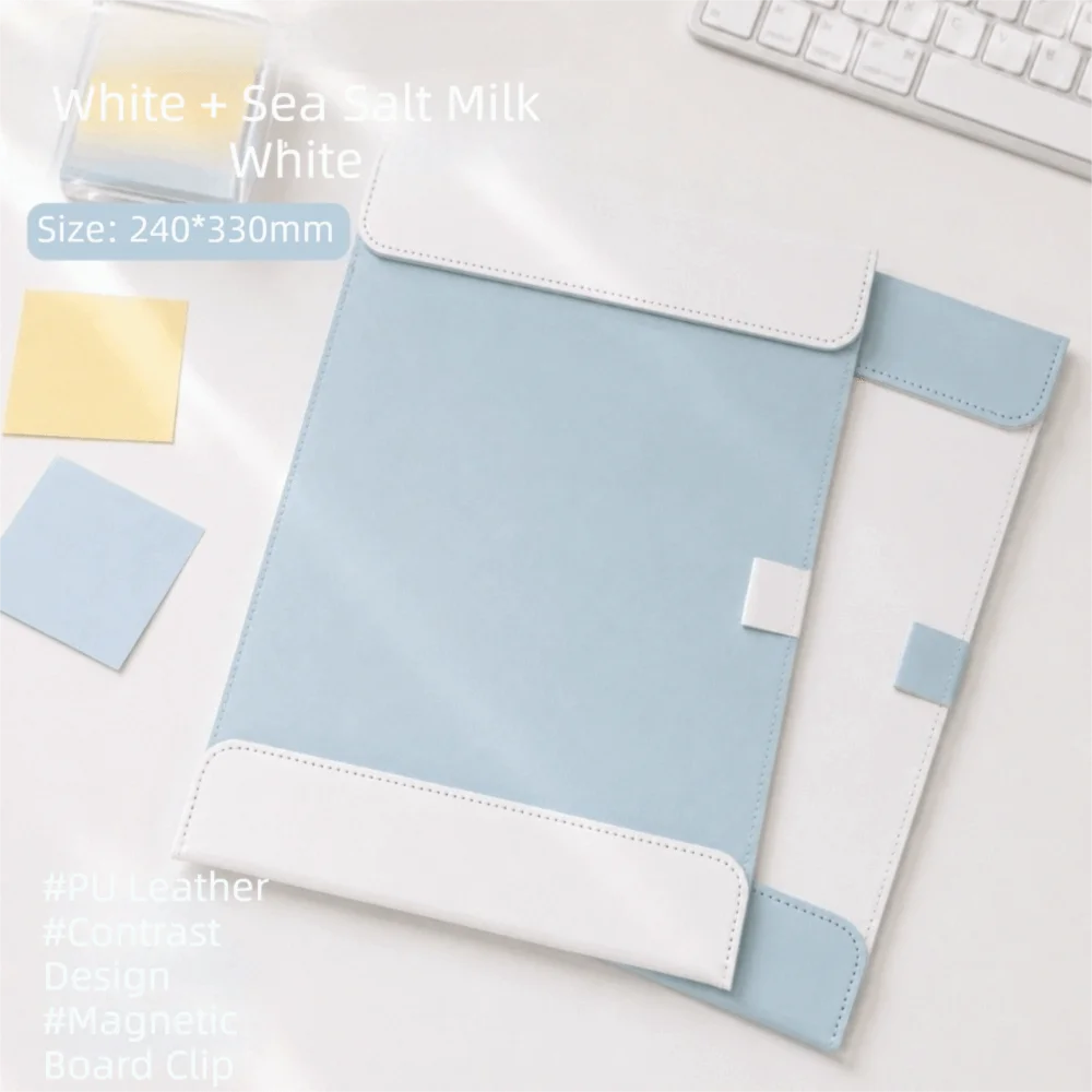 A4 size Leather Clipboard Magnetic Closure Widening Design A4 Clipboard Contrast Color Double Clip Test Paper Holder Office Use