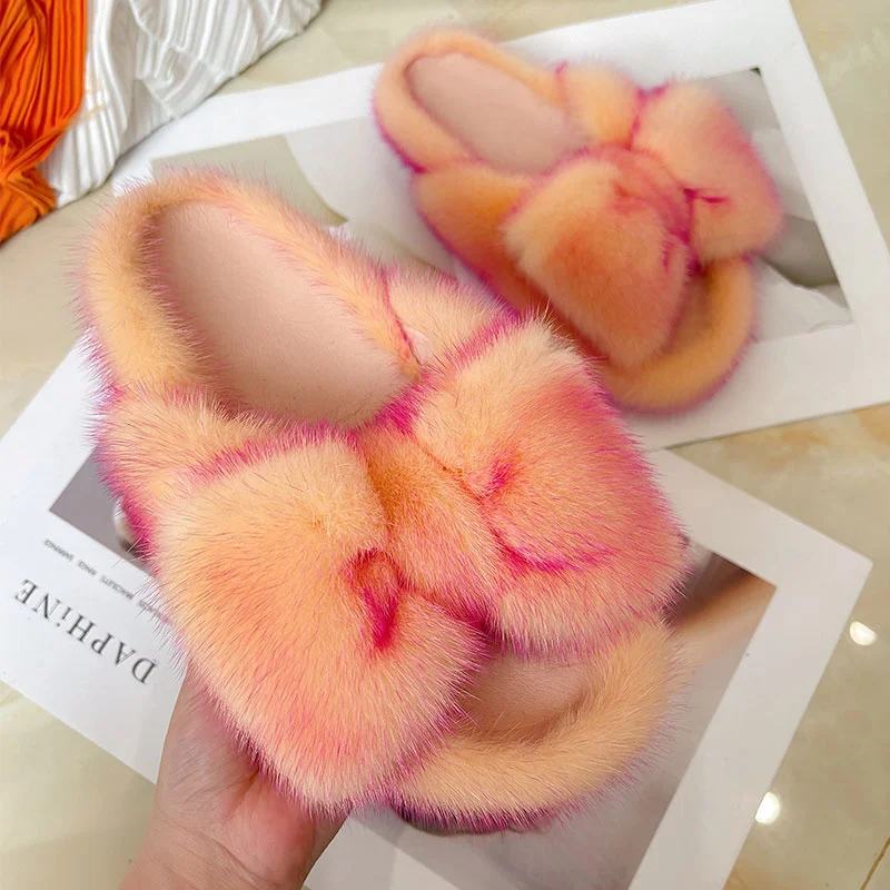 Fur Slippers Ladies Summer Fluffy Mink Fur Slippers 100% Mink Fur  Sandals Home Slippers Girls Outdoor Plush Flip Flops Slippers