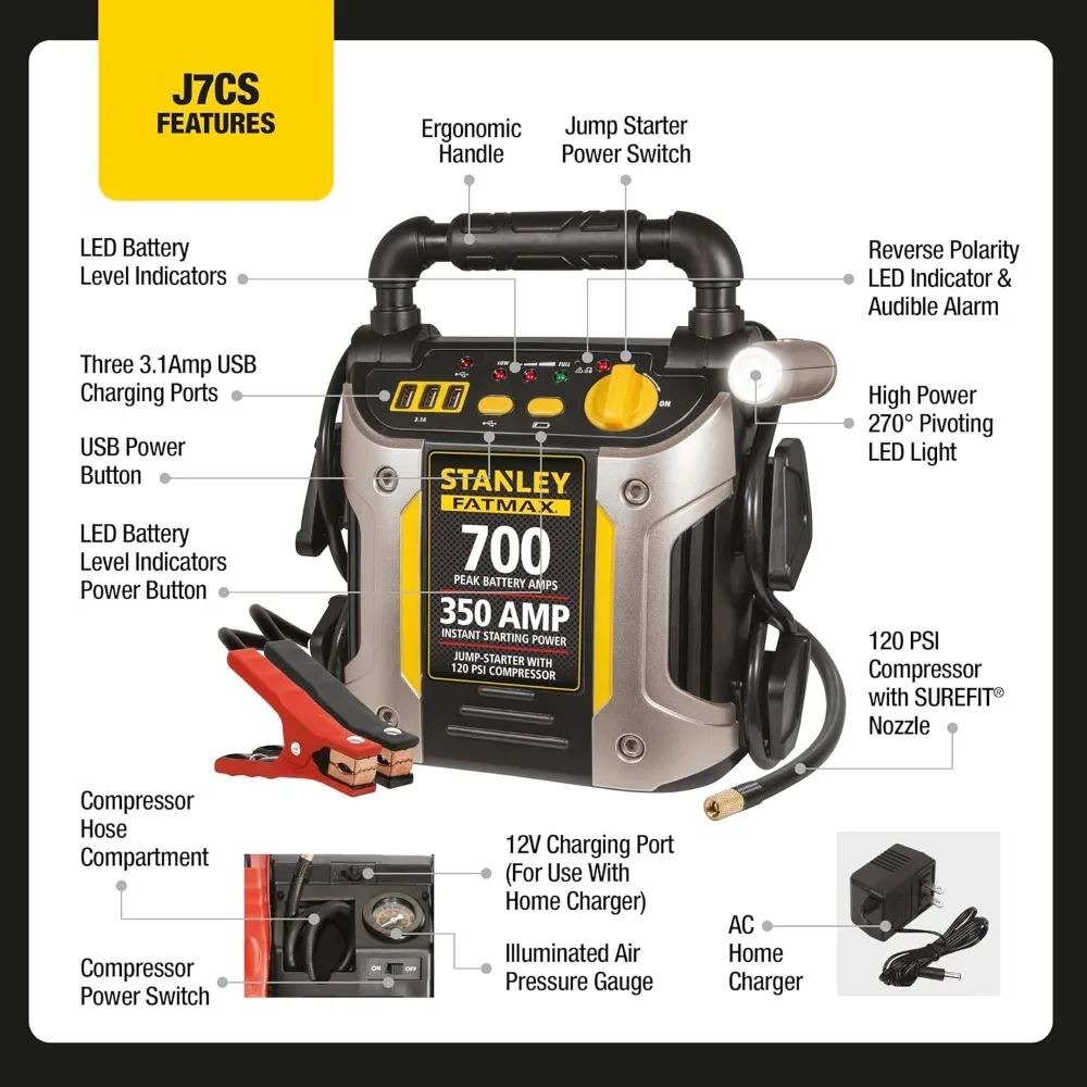 Arrancador de batería portátil Stanley J7CS de 700 W con compresor de aire de 120 PSI y puertos de carga USB triples de 15 W
