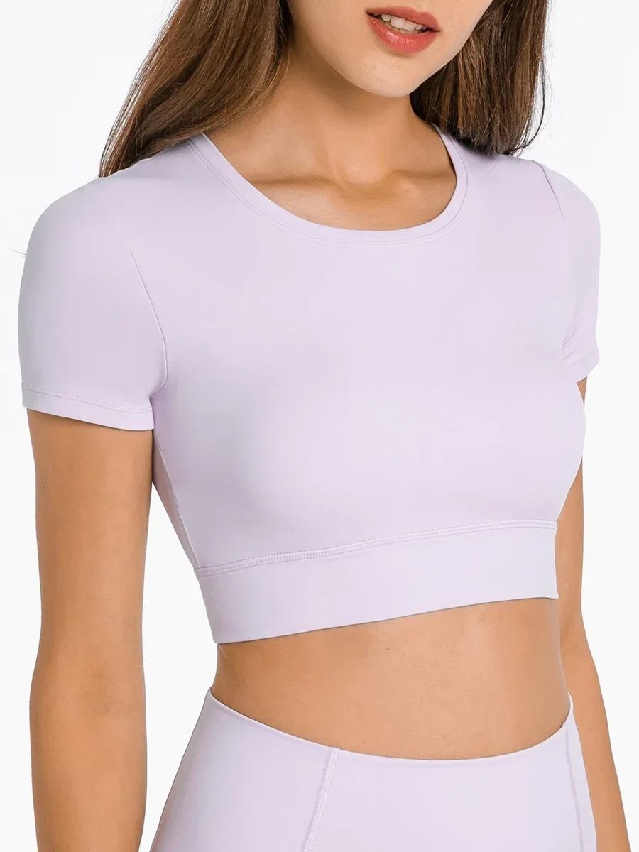 Nepoagym GALAXY Crop Women's Tops with Built In Bra Short Sleeve Brushed Tops crew neck Slim Fit Sport Shirts