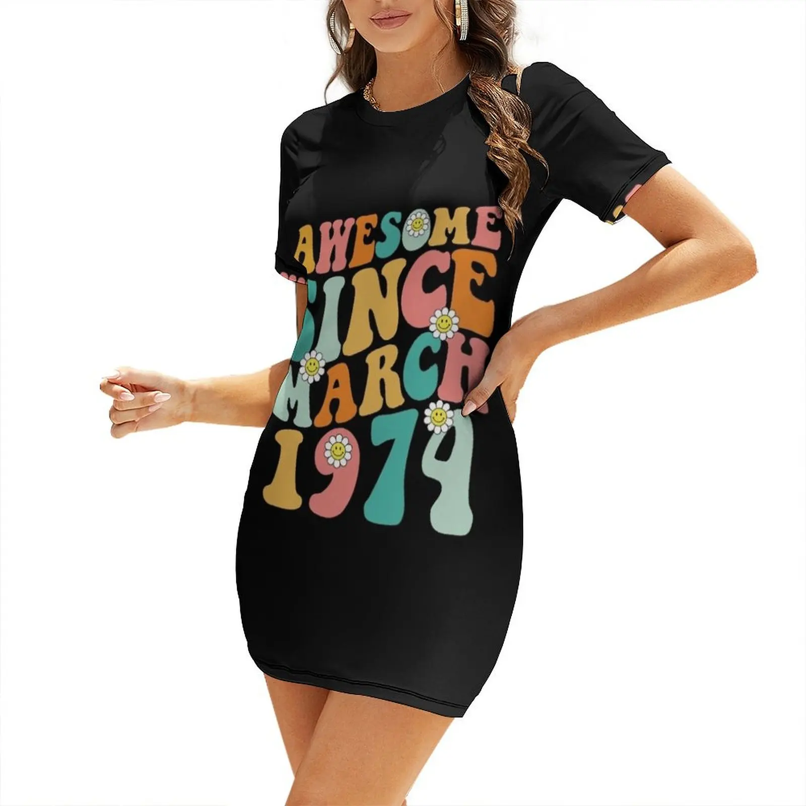 

Awesome Since March 1974 Made In 1974 Retro Groovy Birthday Short Sleeved Dress ceremony dresses