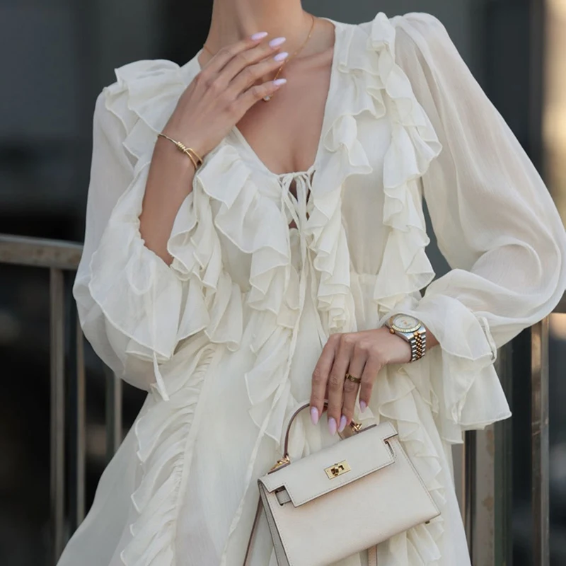 Gespleißte Falten Chiffon Mini Kleid Mode Chic High Street Elegante Frauen V-ausschnitt Abnehmen Mantel Langarm Rüschen Kurzes Kleid