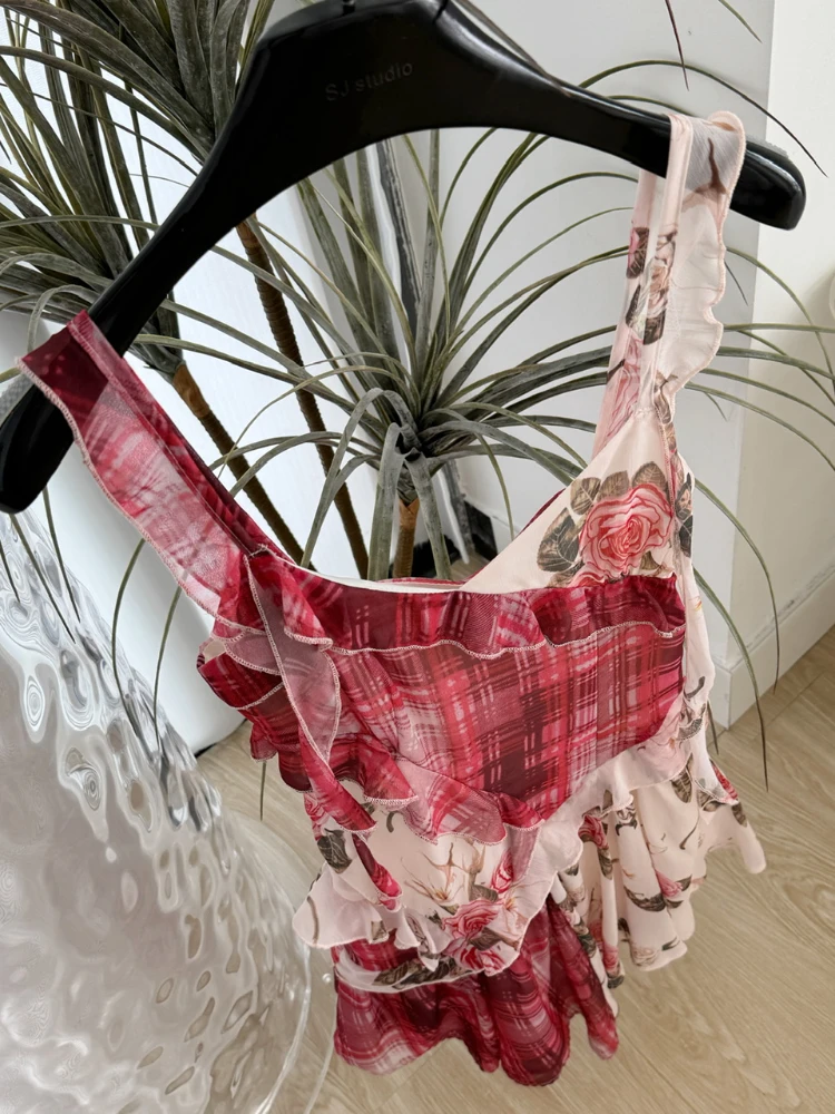 Sommer Französisch Urlaub-Stil Blumen kleid Frauen rot karierte Nähte Rose Blumen band gekräuselt schlanken Minirock mit hoher Taille