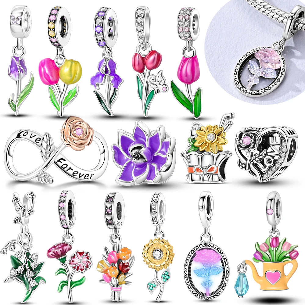 Flower Series Charms Beads Original 925 Sterling Silver Lotus Tulip Rose Carnation Pendant Fit Bracelets Women Jewelry DIY Gift