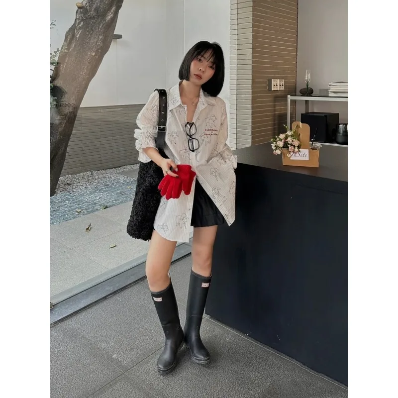 Qweek koreanischen Stil gestreiften übergroßen Hemd drucken lässige Jugend Frauen Blusen Vintage Harajuku Langarm Button-up-Kleidung