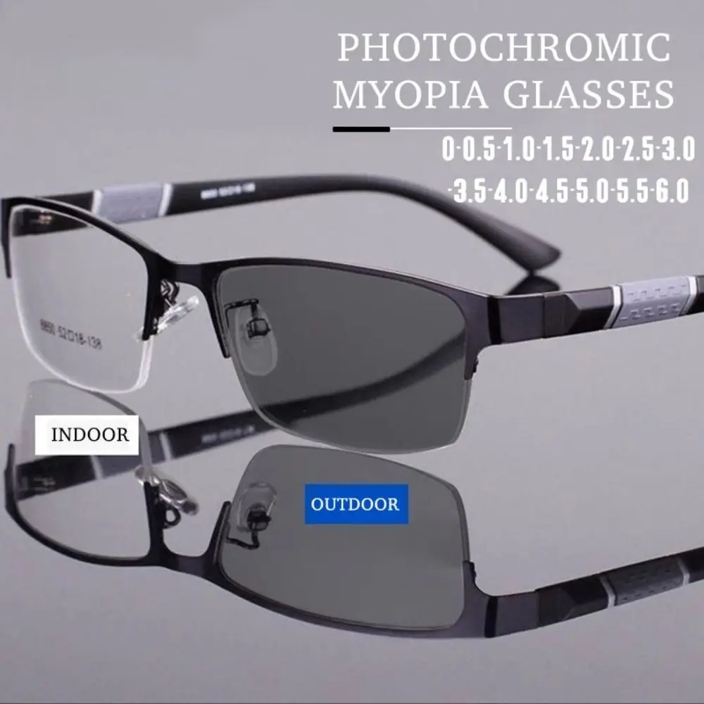 

PC Resin Photochromic Myopia Glasses Strength: -0~-4.0x Rectangle UV Shades Sunglasses Black+Blue Half Frame