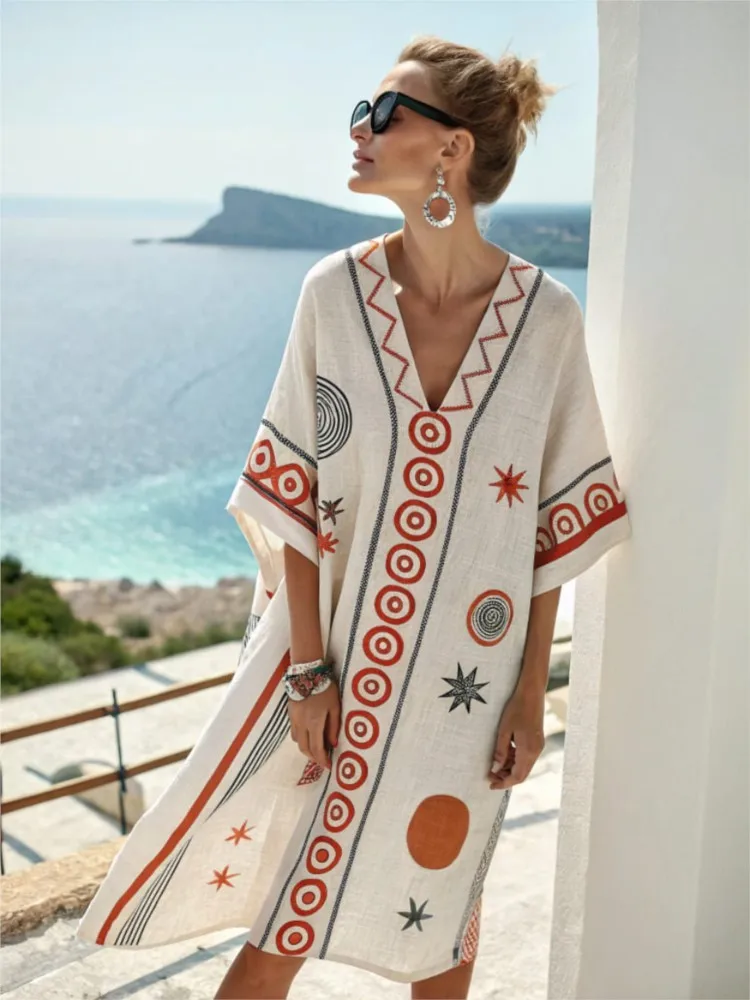 

Women Fashion Summer Dress Minimalist V-neck Dress Woman's Short Sleeved Casual Loose Dresses Women's Print Mini Dress Beachwear