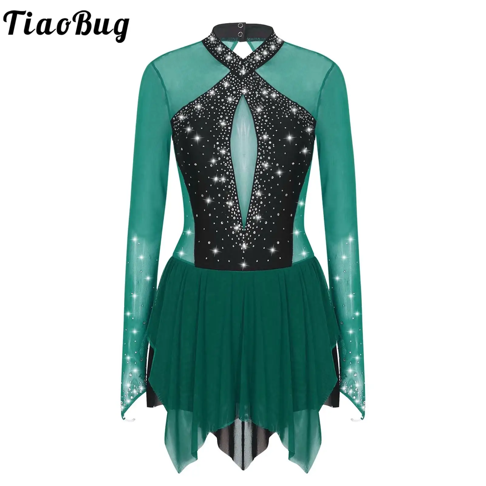 

Womens Figure Ice Skating Dress Performance Mesh Long Sleeve Patchwork Leotard Tulle Skirted Dress Lyrical Ballet Dance Costumes