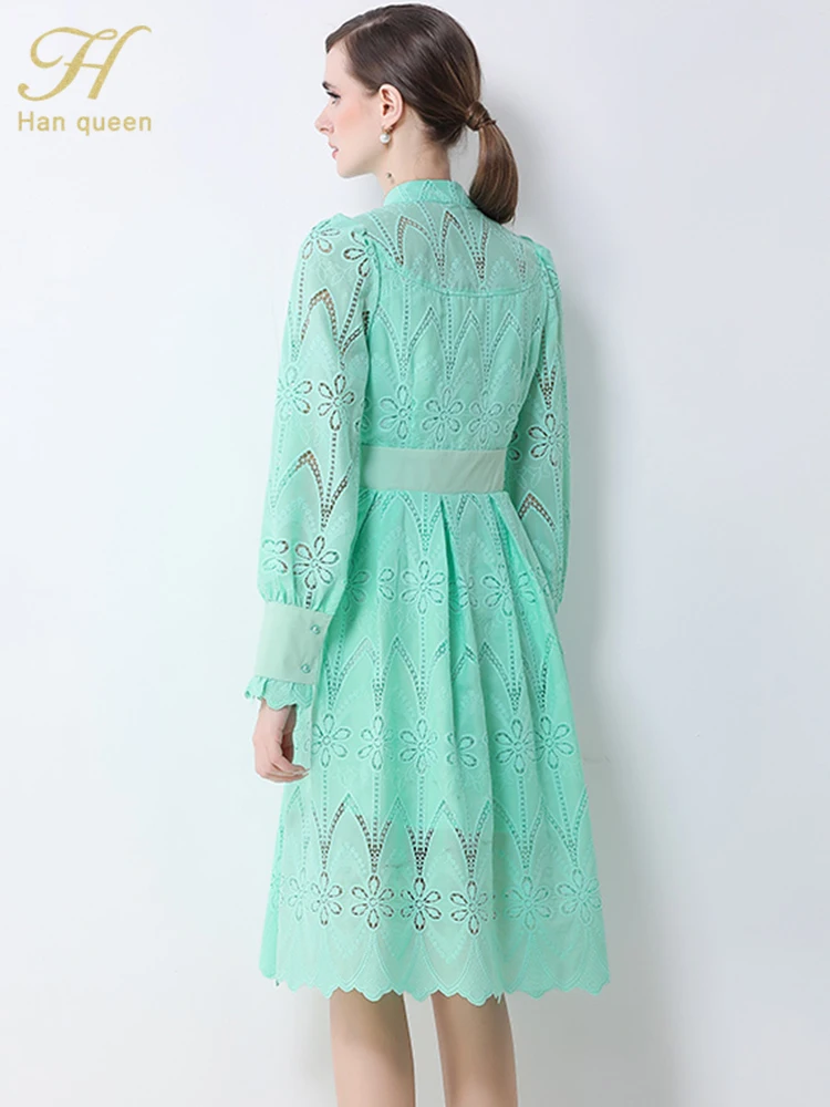فستان دانتيل ربيعي للنساء من H Han Queen بفتحة رقبة على شكل حرف V وأكمام واسعة وصدر واحد وخصر عالٍ فساتين حفلات كلاسيكية على شكل حرف a