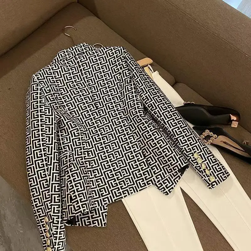 French Fashion Double Breasted Geometric Print Slim Blazer Suit Jacket Women Long Sleeve Y2k Aesthetic Office Lady Formal Coat