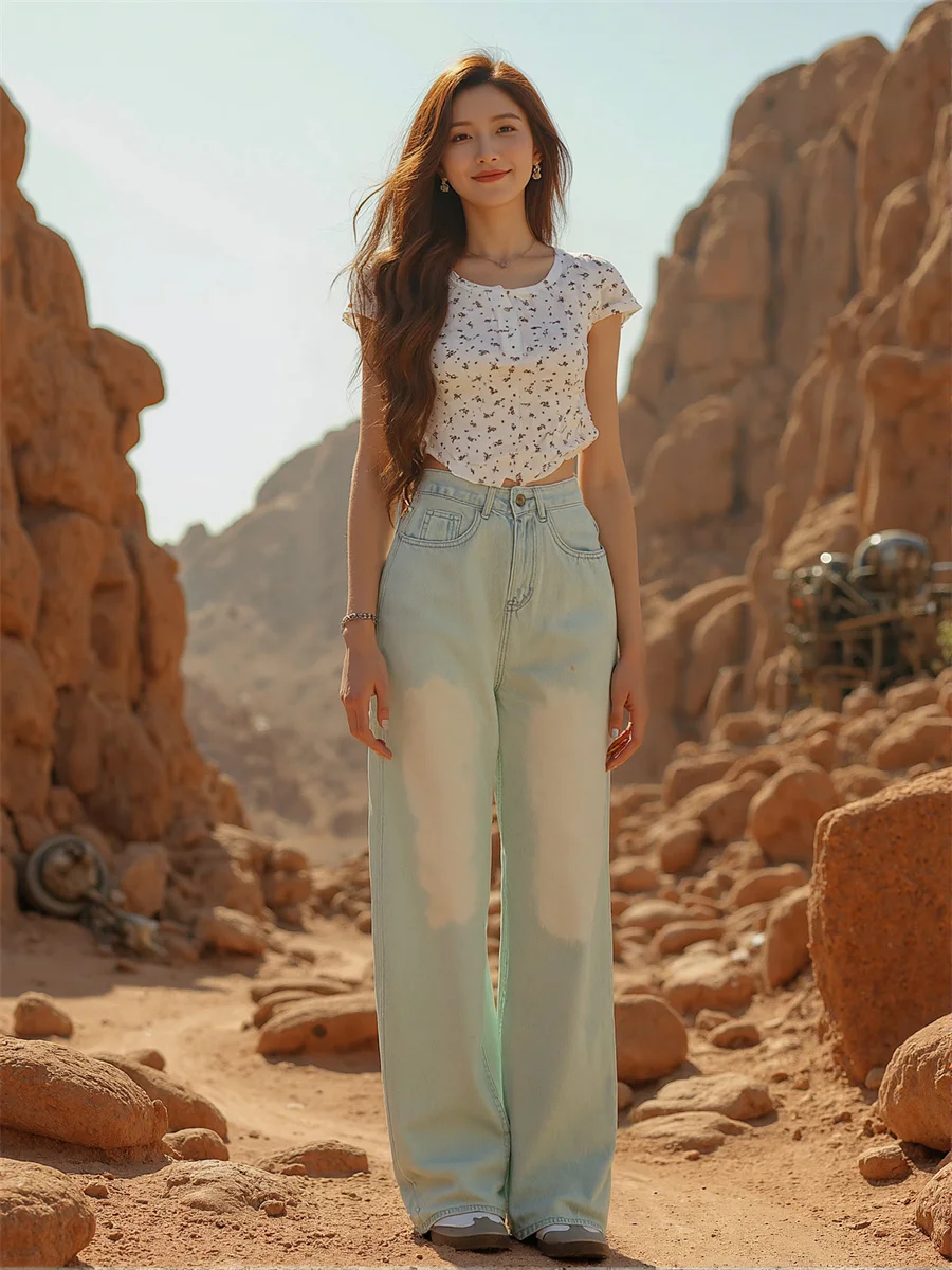 

Floor Wide Leg Distressed Jeans Womens Panelled Splicing Colorblock Gradient Flares Artistic Unique Street Vintage Chic Trend