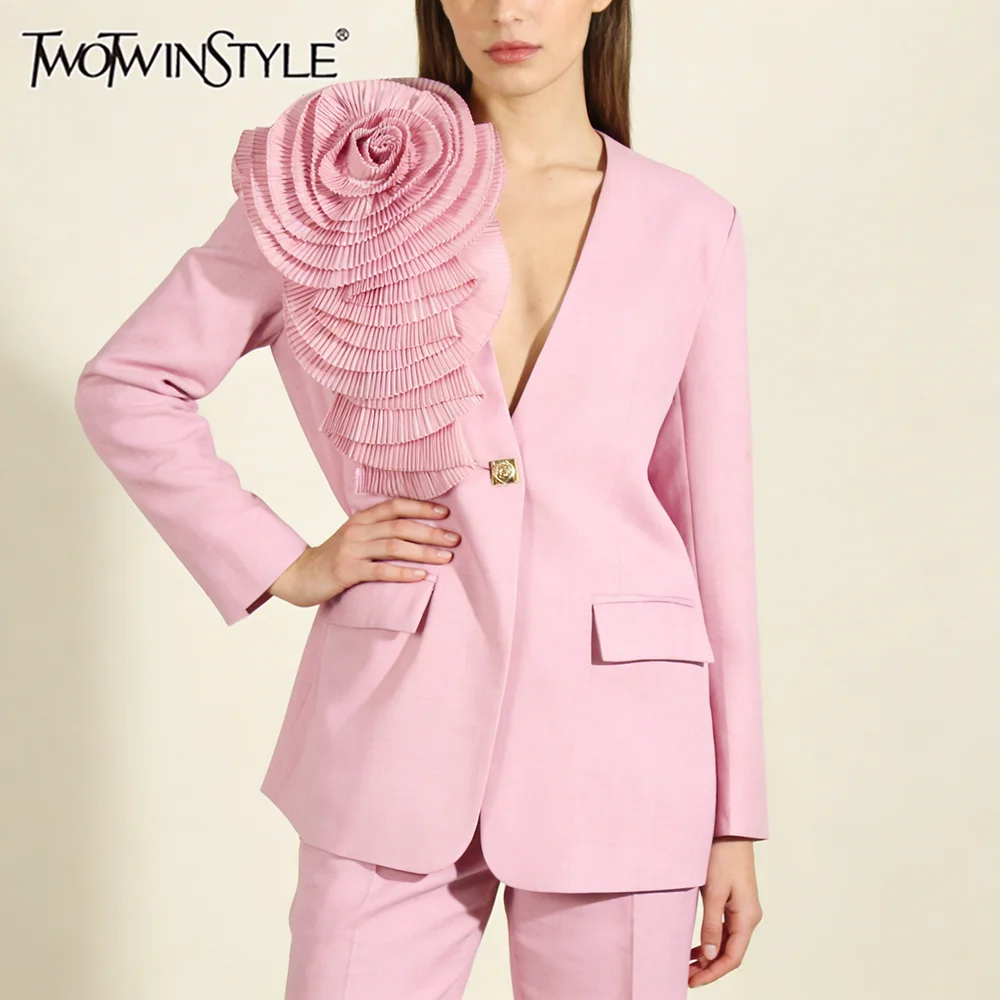 

TWOTWINSTYLE Solid Loose Spliced 3D Flower Jacket for Women V Neck Long Sleeve Elegant Commute Jackets Female Autumn Fashion New
