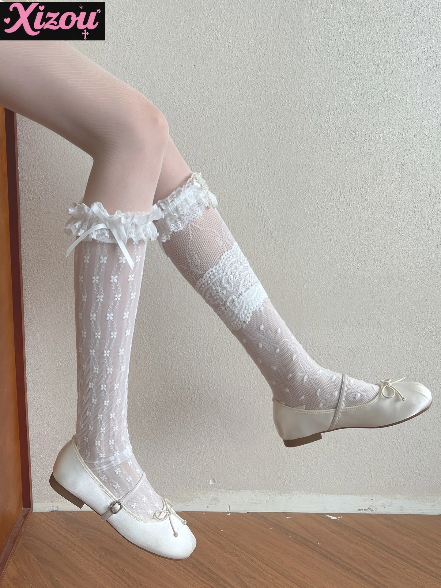 Japanese Sweet and Gentle Wind Stacking Mixed Matched Women's Socks Lace Pearl Bow Lolita Lace Medium Tube Stacking Socks Women