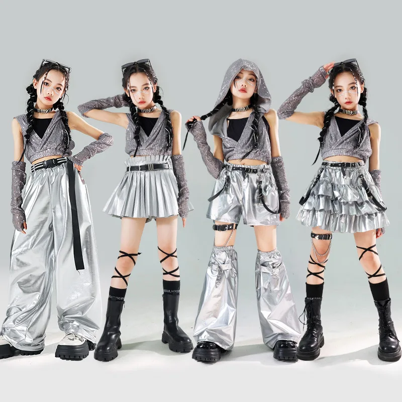 Girls Hip Hop Shiny Silver Crop Top Street Dance Skirt Shorts Pants Kids K-pop Jazz Clothes Sets Children Girl Group Streetwear