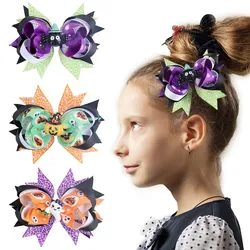 ncmama Cute Ghost Pumpkin Ribbon Bow Hairpin for Girls Funny Spiderweb Print Bow Hair Clips Barrettes Halloween Hair Accessories