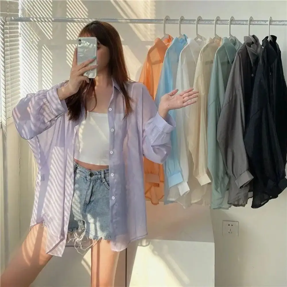 Chiffon Women Casual Shirt Blouse Casual Thin Solid Color Female Loose Cardigan Sun Protection Outerwear Long Sleeve Top