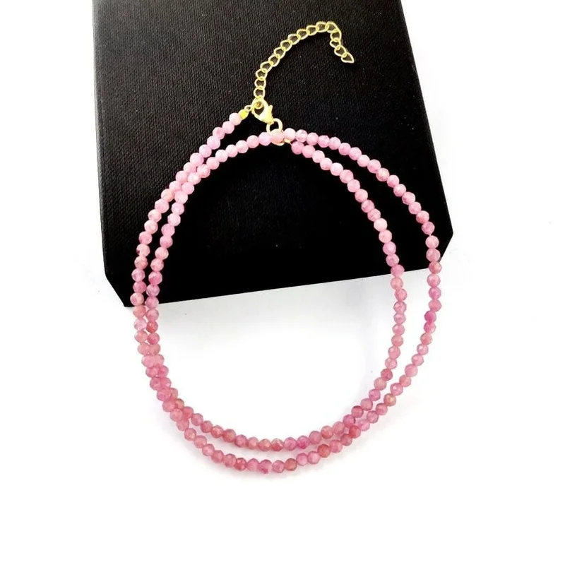 Pink Tourmaline Faceted Round Gemstone Beaded October Birthstone Necklaces 18''
