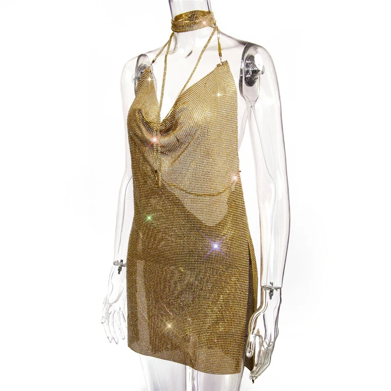 Damen Neckholder-Minikleid mit Strass-Netzstoff, Wasserfallausschnitt, Rückenfreies Bodycon-Kleid mit Schlitz, Kurzes Kleid für Nachtclub und Geburtstagsfeiern – Detail 11