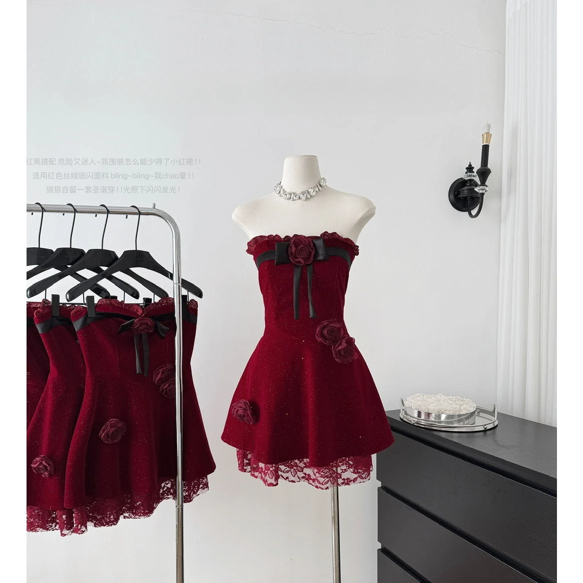 

Autumn/Winter High end Christmas Robe Lace Strapless Dress Off Shoulder Sexy Red Waist Slimming A-line Mini Dress for Women