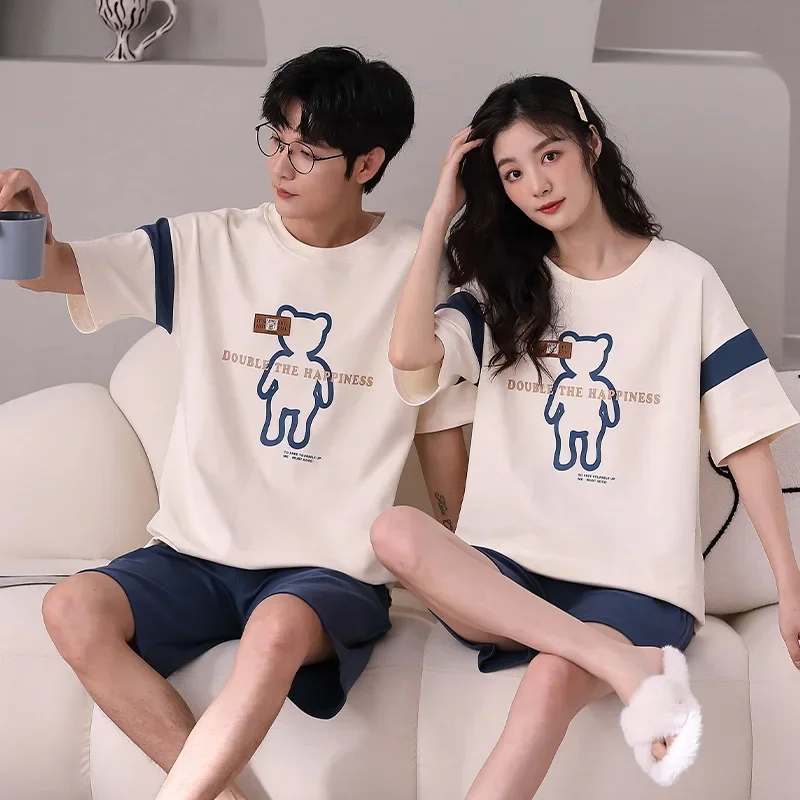 Couples Pajamas Women‘s Summer Short-sleeved Shorts Sleepwear Simple & Loose Men‘s Home Clothes Can Be Worn Externally in Summer