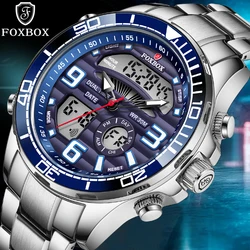 FOXBOX Top Luxury Original Sport Wrist Watch For Men Quartz All Steel Waterproof Dual Display Military Watches Relogio Masculino