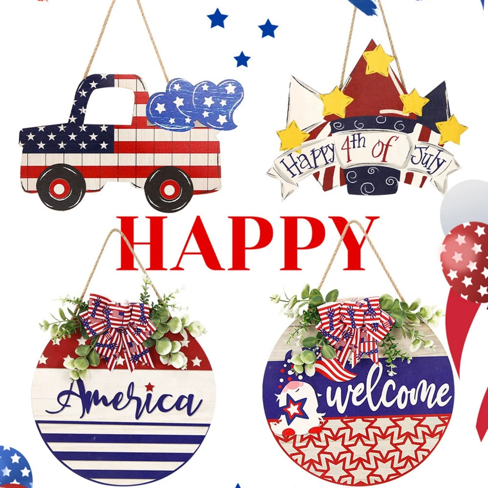 Wooden Round Doorplate Door Decoration 4th Of July Decor Welcome Bow Knot Decoration Outdoor Door Hanging Garland