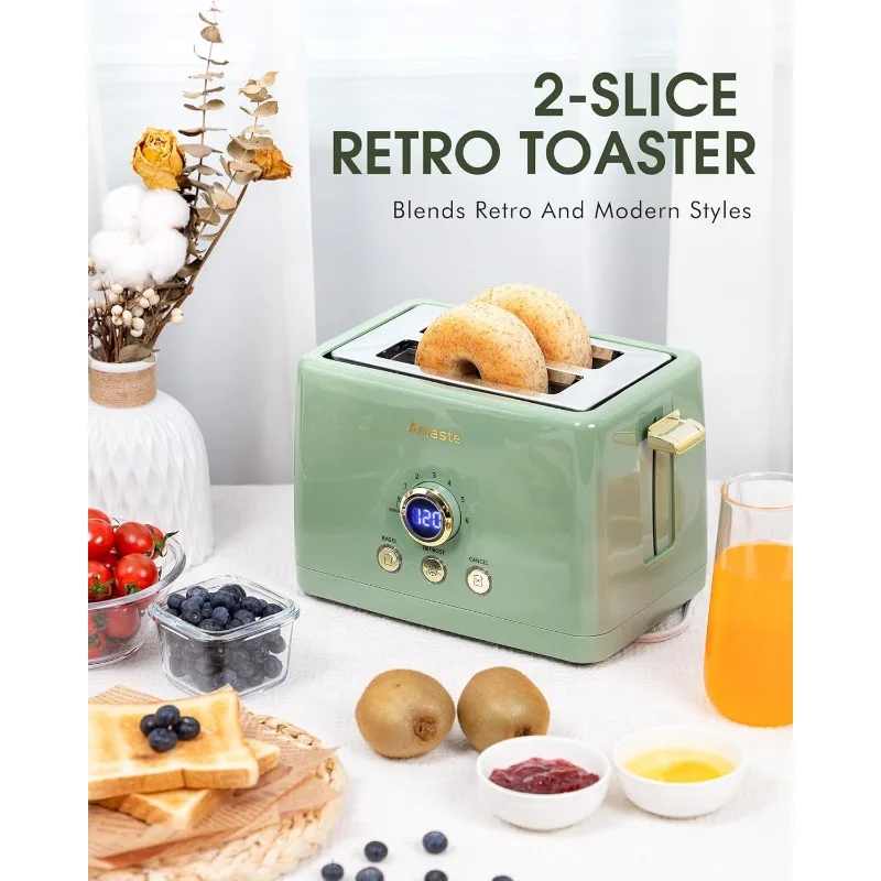 Tostadora de pan retro de 2 rebanadas con temporizador de cuenta regresiva digital LED, tostadoras con ranuras extra anchas, 6 configuraciones de sombra de pan