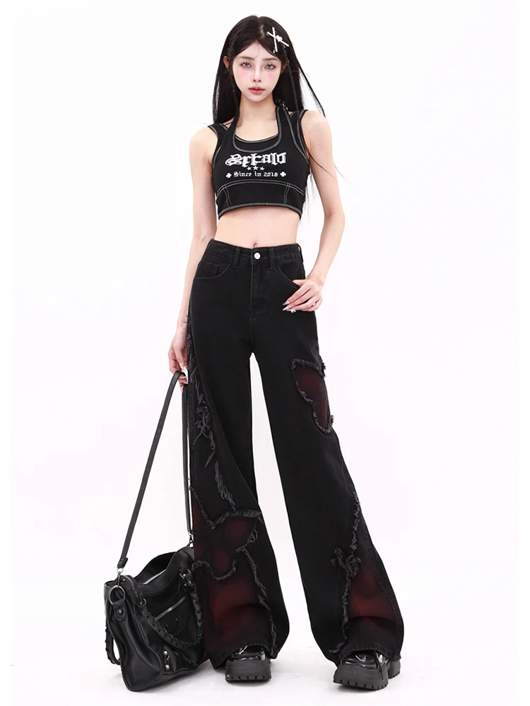 WCFCX STUDIO Women\'s Black Baggy Jeans Harajuku Y2k Aesthetic Butterfly Denim Trousers Korean Jean Pants Vintage Wide Leg Pants