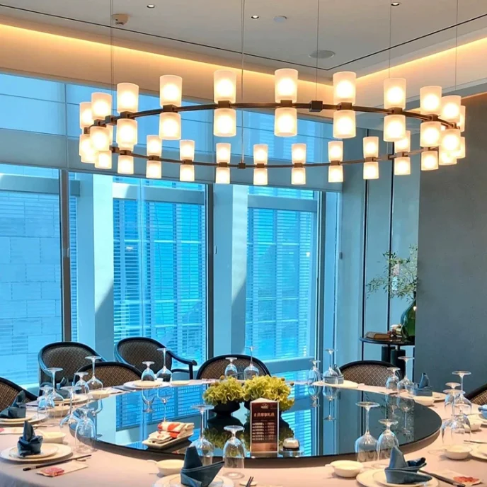 Large Double Ring Circular Chandelier Frosted Glass LED Pendant Light Modern Hanging Lamp for Restaurant  Banquet Hall