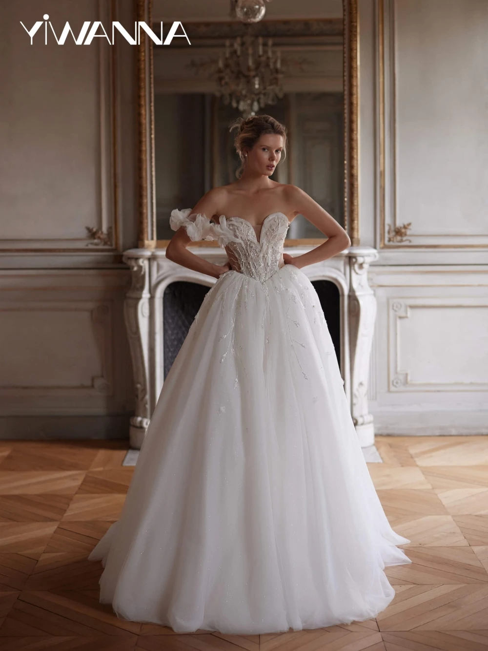 

New Glitter Beaded One Shoulder Wedding Dress Elegant A-line Tulle Long Bridal Gown Customized V-neck Backless Dresses For Bride