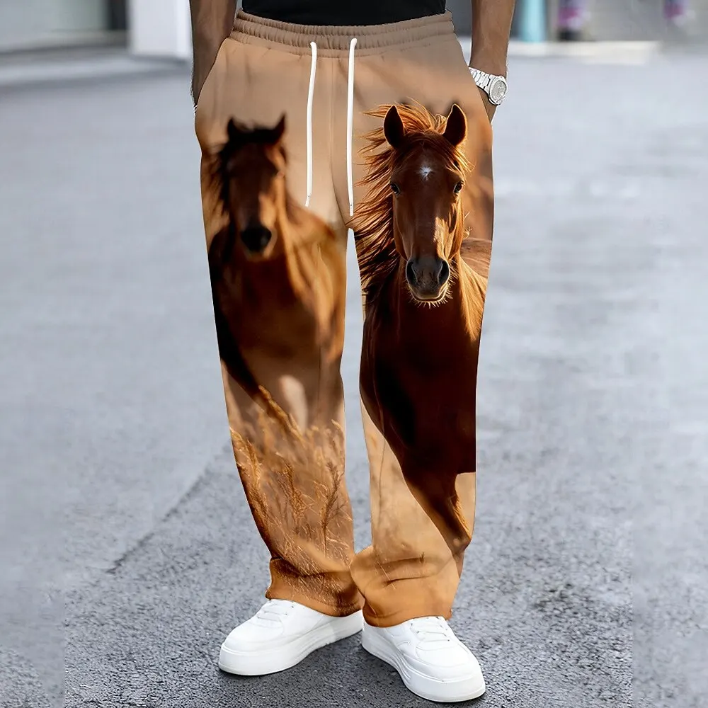 

Мужские спортивные штаны с изображением лошади, повседневные брюки со средней талией, ретро уличные тренировки, эластичные прямые брюки с завязками на талии