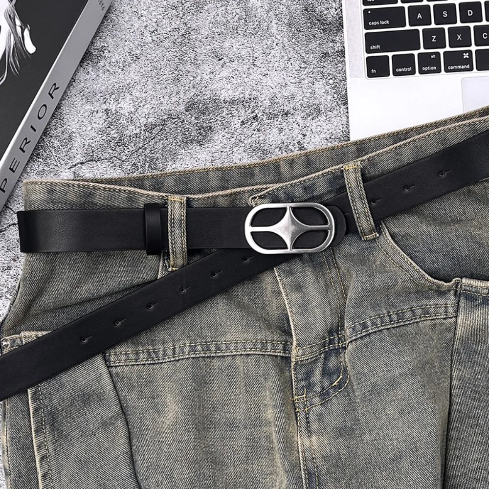 

Retro Alloy Buckle Four-pointed Star Belt Vintage Punk PU Leather Waistband Thin Jeans Decor Men Belt Streetwear