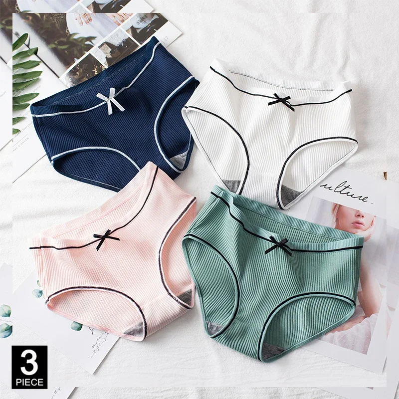 Panties for Woman Cotton Sexy Fashion Briefs Solid Color knickers Girl Bow Underpants Underwear Lingerie 3 Pcs/set