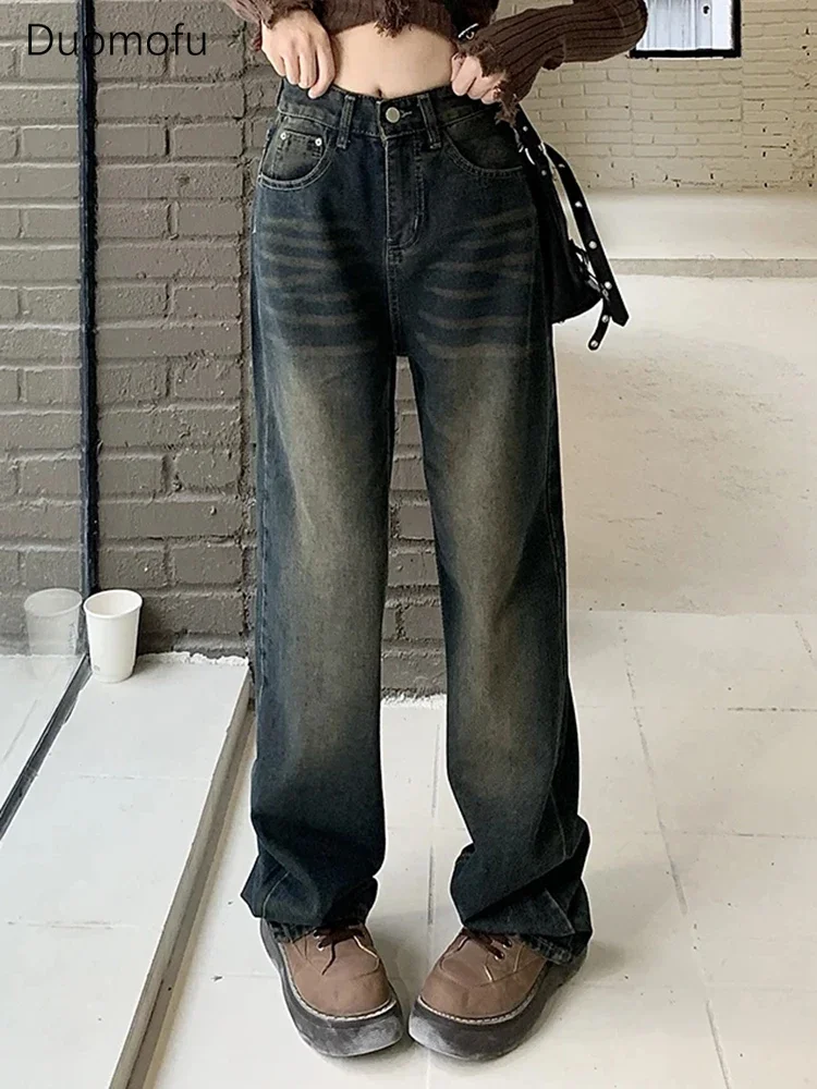 

Duomofu American Vintage Blue Classic Straight Loose Women Jeans New High Waist Slim Fashion Distressed Full Length Female Jeans