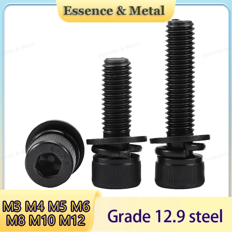 Black Grade 12.9 Steel Allen Hexagon Hex Socket Cap Head M3 M4 M5 M6 M8 M10 M12 Flat Washer + Spring Washer + Cup Head Bolt