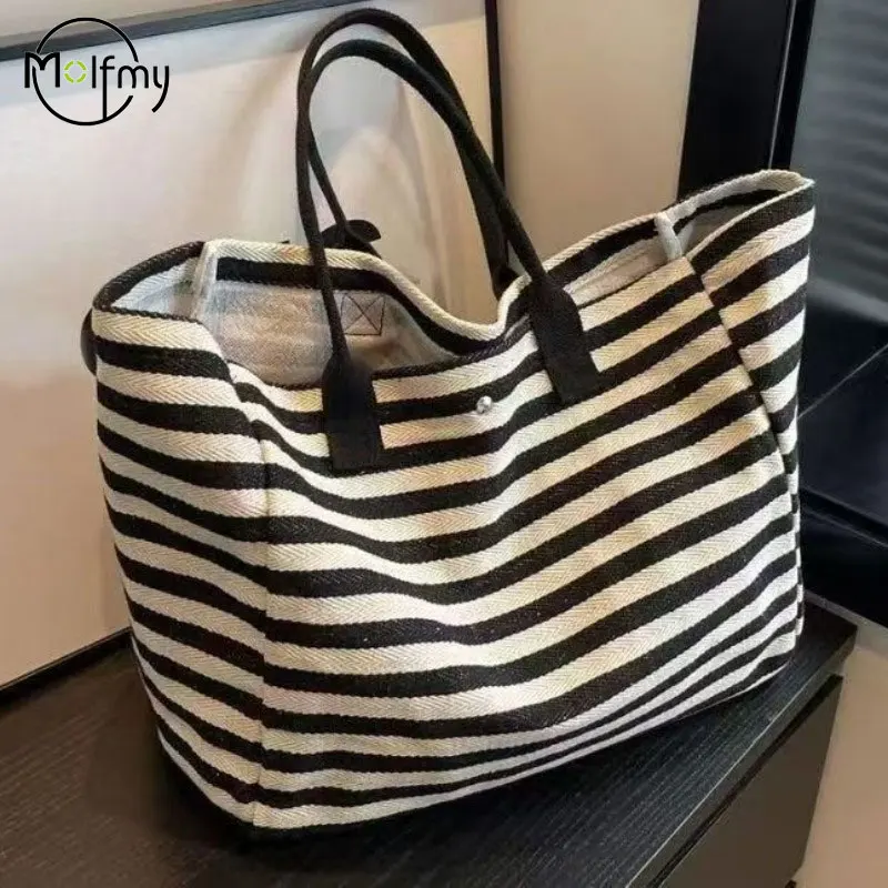 Bolsa de Lona Listrada Casual para Mulheres, Grande Capacidade, Bolsa de Ombro, Sacola de Compras Diária, Mochila Escolar para Viagem e Praia