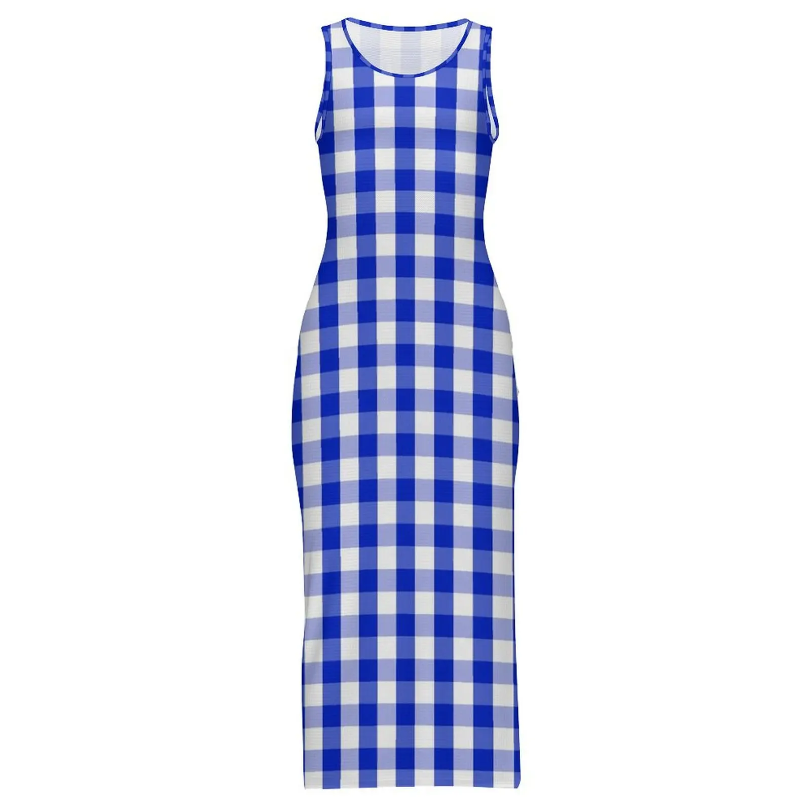 Womens Blue White Gingham Dress Check Plaid Squared Fashion Bodycon Dress Holiday Vintage Maxi Dresses Design Big Size Clothing